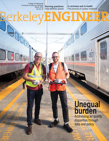 Cover of Berkeley Engineer Fall 24 magazine with two people standing between two Amtrak cars